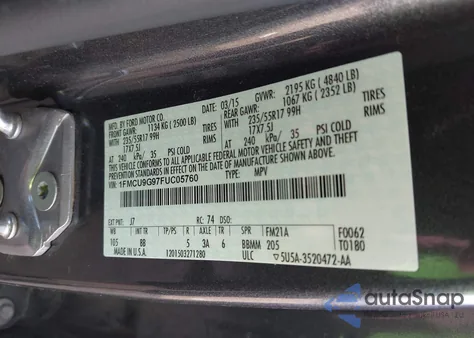 2015 Ford Escape Se z USA, uszkodzony, nr VIN 1FMCU9G97FUC05760